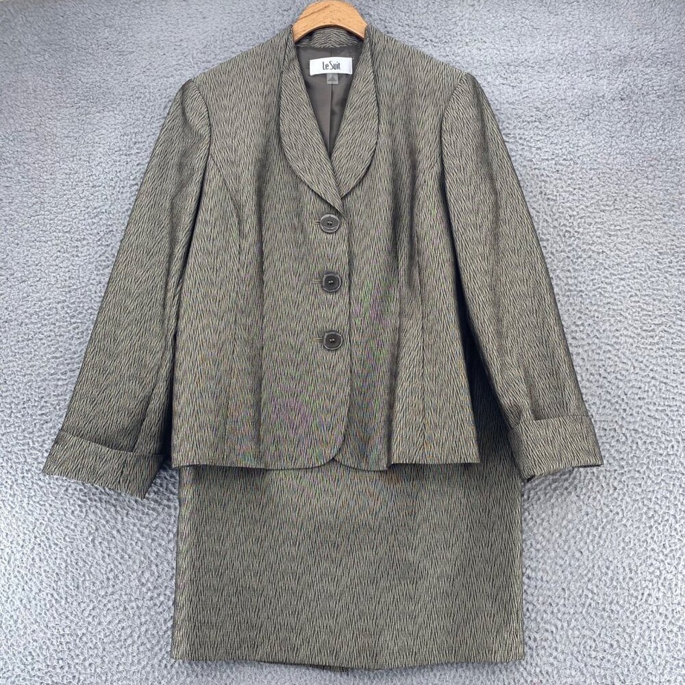 Le Suit Set Womens 10 Brown Patterned Button Up Blazer Pencil Mini Skirt Office